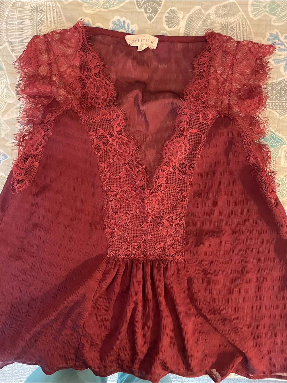 lovestitch Wine Lace V-Neck Cap Sleeve Blouse